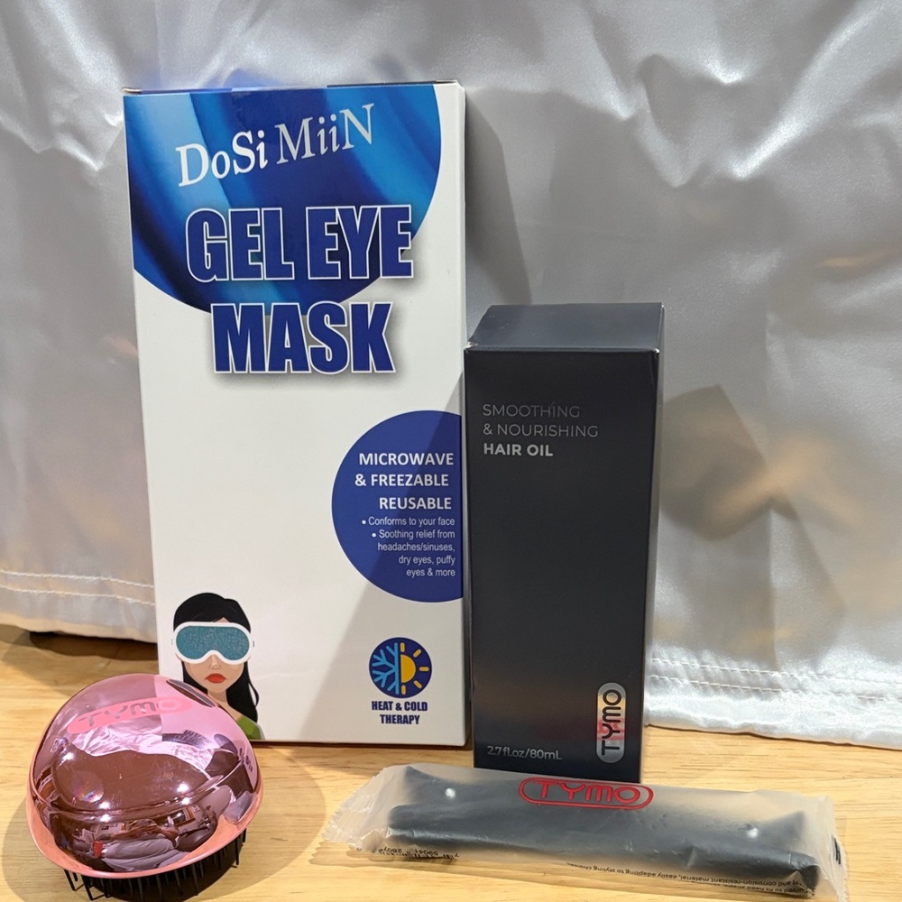 Tymo Smoothing Nourishing Hair Oil New In Box. And Gel Eye Mask.